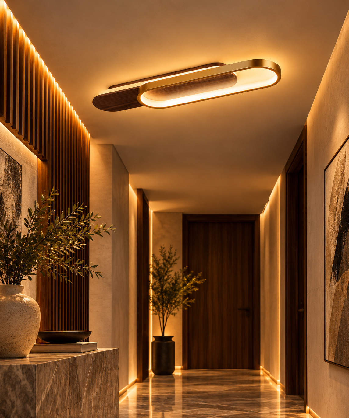 VENERA 2-Light Linear LED Ceiling Light 24W | Wood & Gold Finish | Clarus Lights 80649-03-CL2-WD